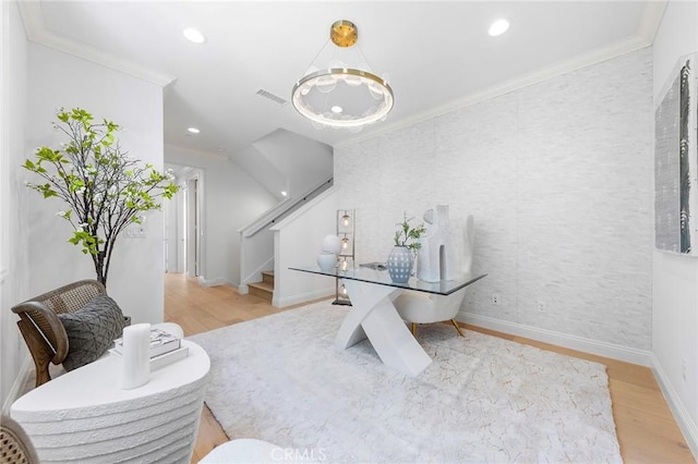 office area featuring wood finished floors, ornamental molding, baseboards, a chandelier, and recessed lighting