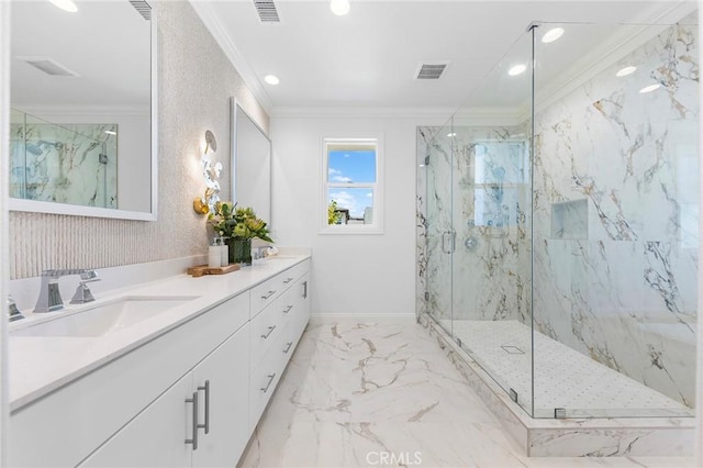 bathroom with crown molding, a marble finish shower, marble finish flooring, recessed lighting, and double vanity