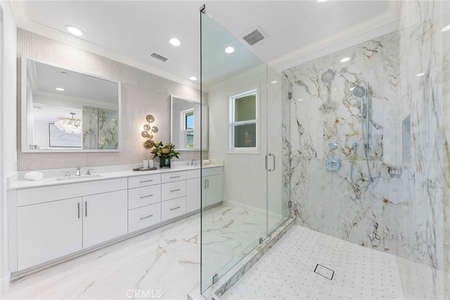 bathroom with crown molding, marble tiled flooring, a marble finish shower, double vanity, and recessed lighting