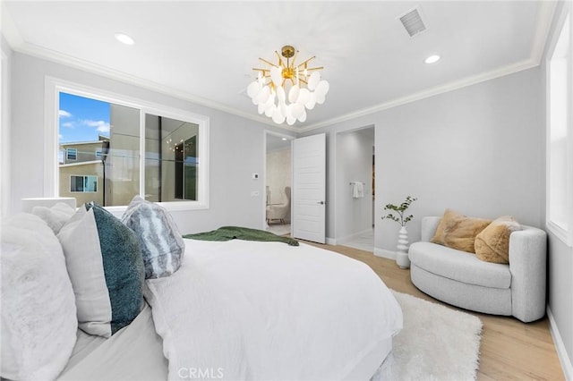 bedroom with light wood-style floors, a chandelier, baseboards, crown molding, and recessed lighting