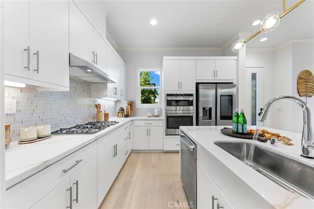 kitchen with appliances with stainless steel finishes, under cabinet range hood, a sink, crown molding, and decorative backsplash