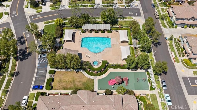 8029 Spencer St, Chino, CA 91708 - aerial view of property's location with a pool area and nearby suburban area