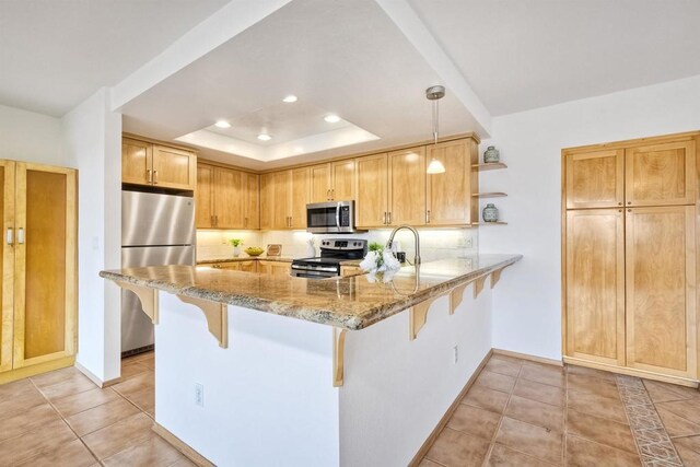 13063 Caminito Del Rocio, Del Mar, CA 92014 - kitchen featuring stainless steel appliances, a peninsula, light stone countertops, open shelves, and recessed lighting
