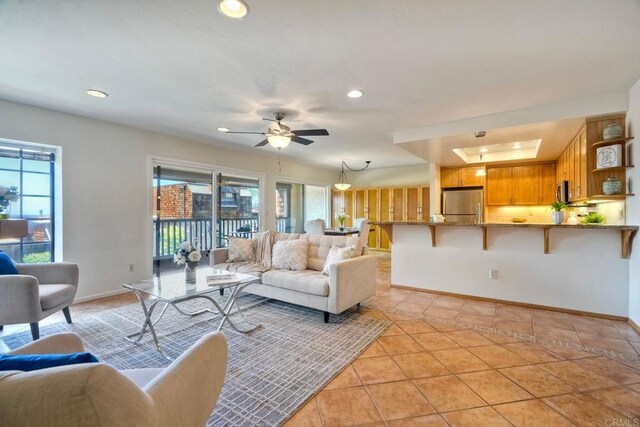 13063 Caminito Del Rocio, Del Mar, CA 92014 - living area with light tile patterned flooring, a ceiling fan, and recessed lighting