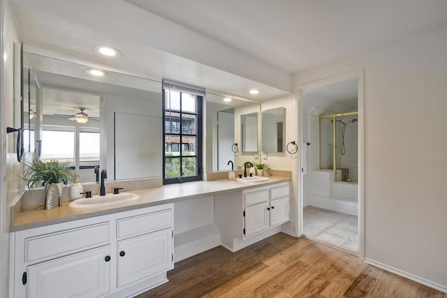 13063 Caminito Del Rocio, Del Mar, CA 92014 - full bathroom with a shower with door, double vanity, recessed lighting, wood finished floors, and ceiling fan
