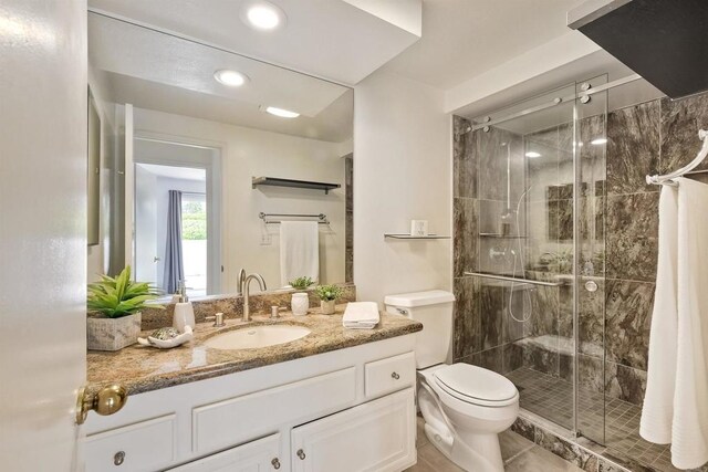 13063 Caminito Del Rocio, Del Mar, CA 92014 - full bathroom featuring vanity, a stall shower, tile patterned flooring, and recessed lighting