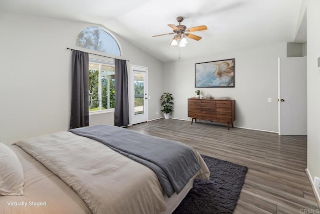 30602 Colina Verde St, Temecula, CA 92592 - bedroom featuring lofted ceiling, wood finished floors, access to exterior, a ceiling fan, and baseboards