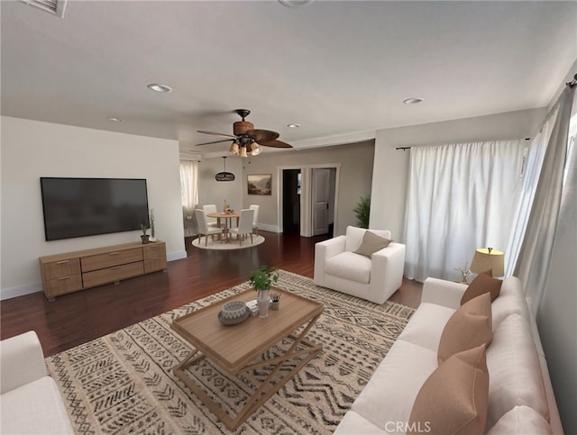 228 Del Mar Ave, Costa Mesa, CA 92627 - living area featuring wood finished floors, ceiling fan, and recessed lighting