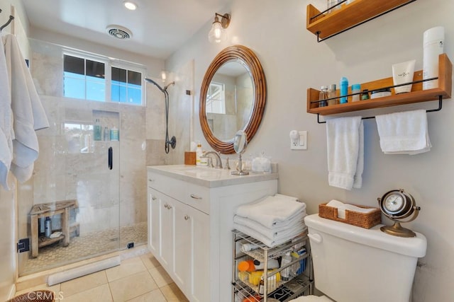 full bathroom with a shower stall, toilet, tile patterned floors, and vanity