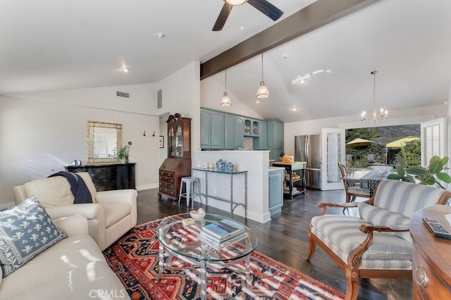 living area featuring beamed ceiling, a chandelier, dark wood-style flooring, a ceiling fan, and baseboards