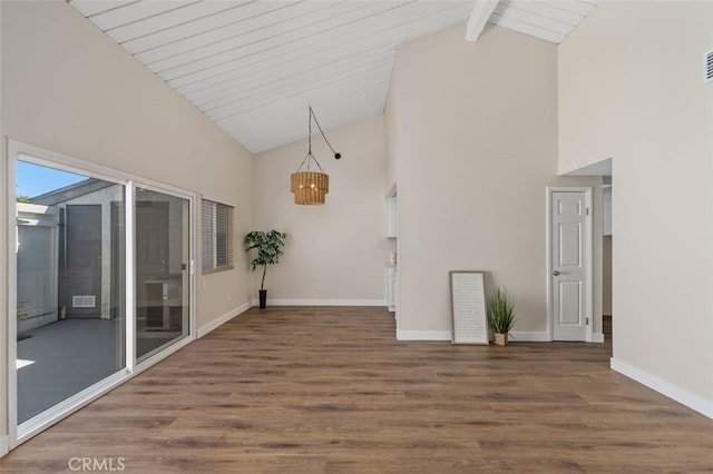 unfurnished dining area featuring high vaulted ceiling, wood finished floors, baseboards, beam ceiling, and a chandelier
