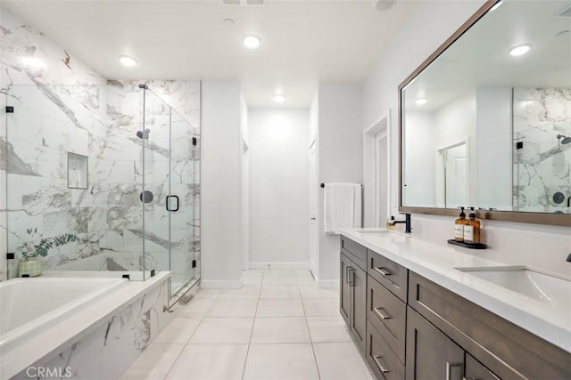 1772 Lundy Ln, Beaumont, CA 92223 - bathroom with a marble finish shower, a garden tub, recessed lighting, baseboards, and tile patterned flooring