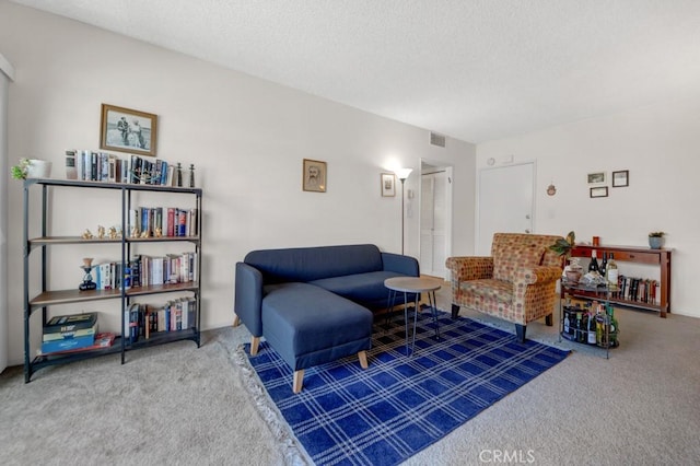carpeted living area with a textured ceiling