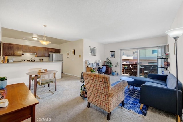 living room featuring light colored carpet and a textured ceiling