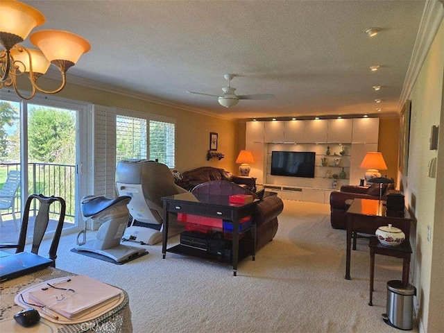 carpeted living room with ornamental molding, a textured ceiling, a ceiling fan, and a chandelier