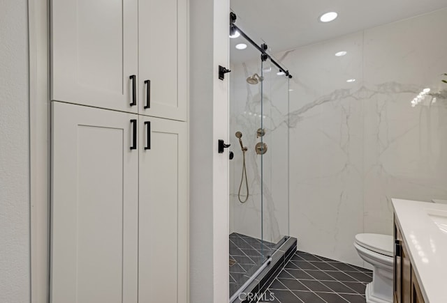 full bathroom featuring vanity, toilet, a marble finish shower, and recessed lighting