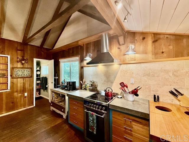 22104 Crestline, Palomar Mountain, CA 92060 - kitchen featuring electric range oven, wall chimney range hood, dark wood-style floors, wooden walls, and backsplash