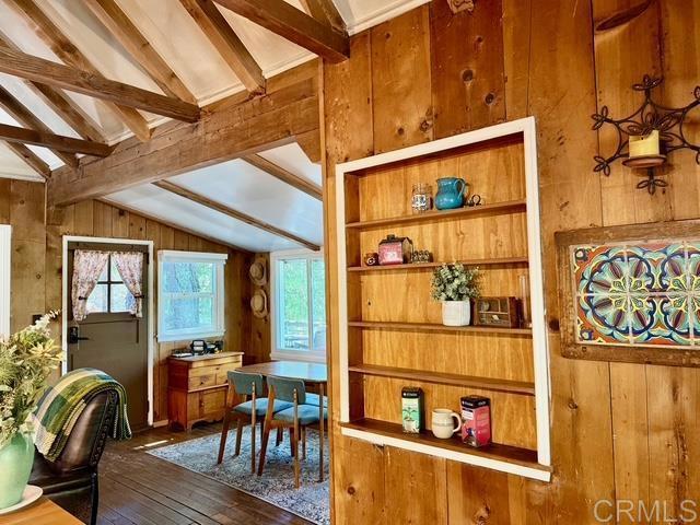 22104 Crestline, Palomar Mountain, CA 92060 - dining room with wooden walls and dark wood-style flooring