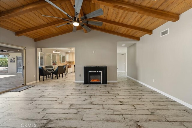 618 E Sunset Dr N, Redlands, CA 92373 - living area featuring a ceiling fan, wood finished floors, wood ceiling, and a glass covered fireplace
