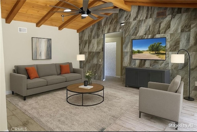 618 E Sunset Dr N, Redlands, CA 92373 - living room featuring a ceiling fan, wooden ceiling, and wood finished floors