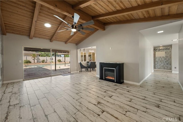618 E Sunset Dr N, Redlands, CA 92373 - unfurnished living room with wooden ceiling, wood finished floors, ceiling fan, and a glass covered fireplace