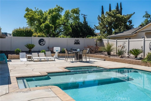 618 E Sunset Dr N, Redlands, CA 92373 - view of swimming pool with a patio area, a fenced backyard, and a pool with connected hot tub