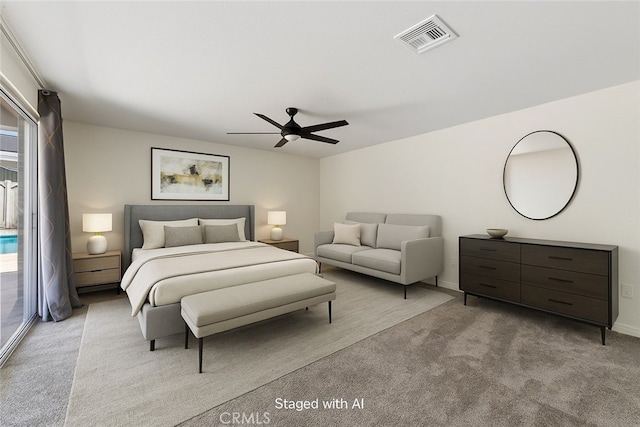 618 E Sunset Dr N, Redlands, CA 92373 - bedroom featuring carpet floors, access to exterior, and a ceiling fan