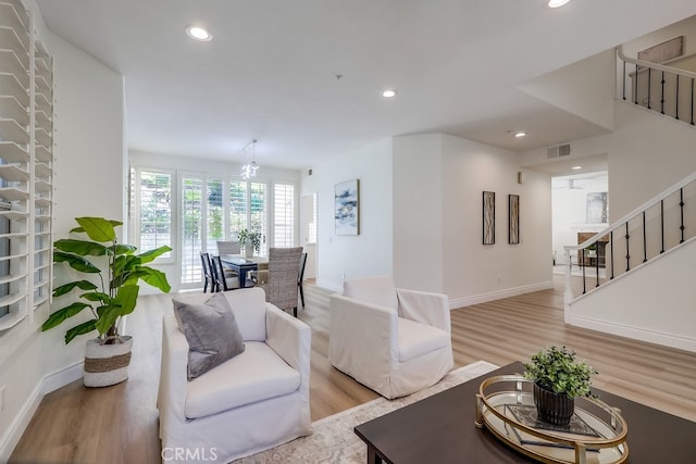 2115 Via Viejo, San Clemente, CA 92673 - living room featuring stairs, wood finished floors, baseboards, and recessed lighting
