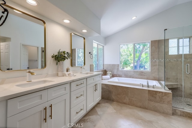 2115 Via Viejo, San Clemente, CA 92673 - full bath featuring healthy amount of natural light, a garden tub, lofted ceiling, a stall shower, and double vanity