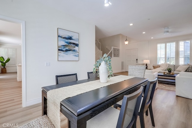 2115 Via Viejo, San Clemente, CA 92673 - dining space with light wood finished floors, stairway, baseboards, and recessed lighting
