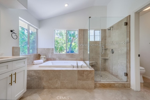 2115 Via Viejo, San Clemente, CA 92673 - full bathroom with a garden tub, toilet, vanity, a stall shower, and vaulted ceiling