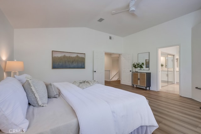 2115 Via Viejo, San Clemente, CA 92673 - bedroom featuring vaulted ceiling, wood finished floors, ceiling fan, and ensuite bath