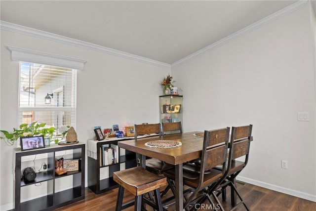 2289 Kyla Ct, San Bernardino, CA 92410 - dining space with crown molding, dark wood-style floors, and baseboards