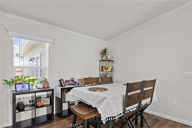 2289 Kyla Ct, San Bernardino, CA 92410 - dining room with dark wood-style flooring, ornamental molding, and baseboards
