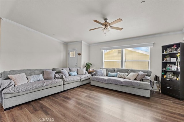 2289 Kyla Ct, San Bernardino, CA 92410 - living room with a ceiling fan, wood finished floors, and ornamental molding