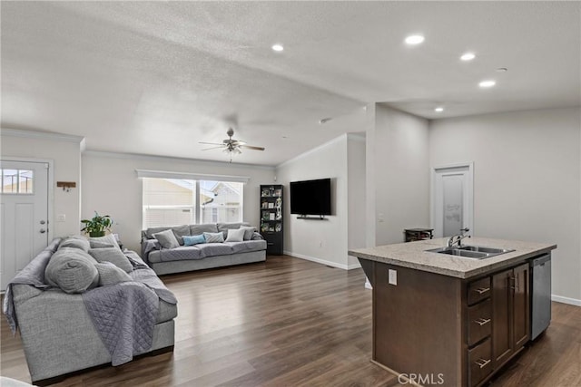 2289 Kyla Ct, San Bernardino, CA 92410 - kitchen with vaulted ceiling, a sink, open floor plan, dark brown cabinets, and dishwasher