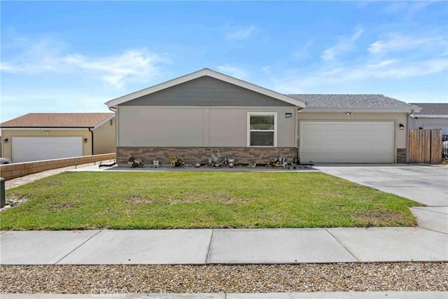 2289 Kyla Ct, San Bernardino, CA 92410 - ranch-style home featuring a garage, concrete driveway, a front lawn, stone siding, and stucco siding