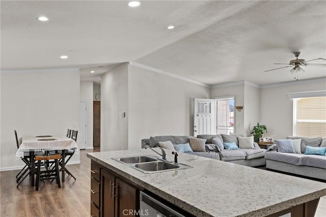2289 Kyla Ct, San Bernardino, CA 92410 - kitchen featuring a sink, open floor plan, wood finished floors, dark brown cabinetry, and a ceiling fan