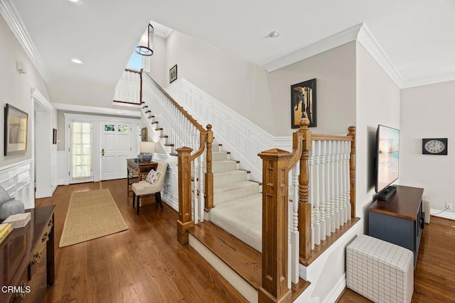260 W Carter Ave, Sierra Madre, CA 91024 - foyer entrance with wood finished floors, crown molding, stairway, recessed lighting, and baseboards