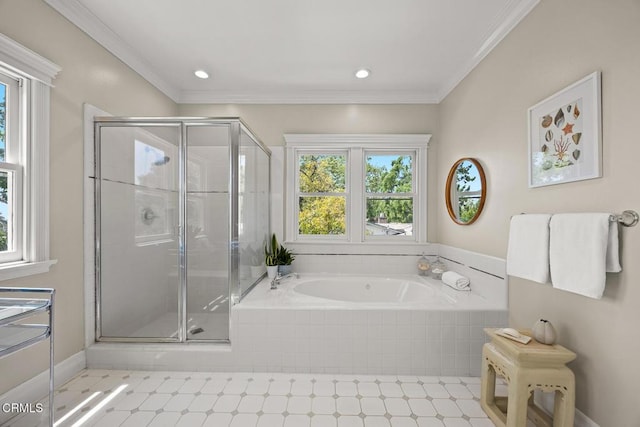 260 W Carter Ave, Sierra Madre, CA 91024 - full bathroom with a shower stall, a bath, recessed lighting, and crown molding