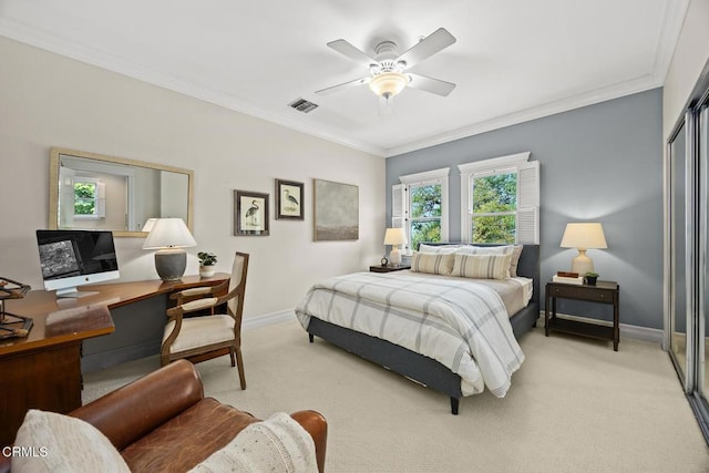 260 W Carter Ave, Sierra Madre, CA 91024 - bedroom featuring light carpet, a desk, baseboards, ornamental molding, and ceiling fan