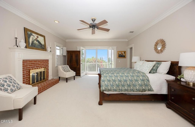 260 W Carter Ave, Sierra Madre, CA 91024 - bedroom featuring access to outside, ornamental molding, carpet flooring, a brick fireplace, and ceiling fan