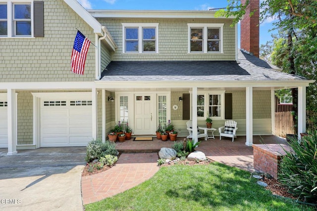 260 W Carter Ave, Sierra Madre, CA 91024 - view of front of home with covered porch, a chimney, driveway, a garage, and a shingled roof