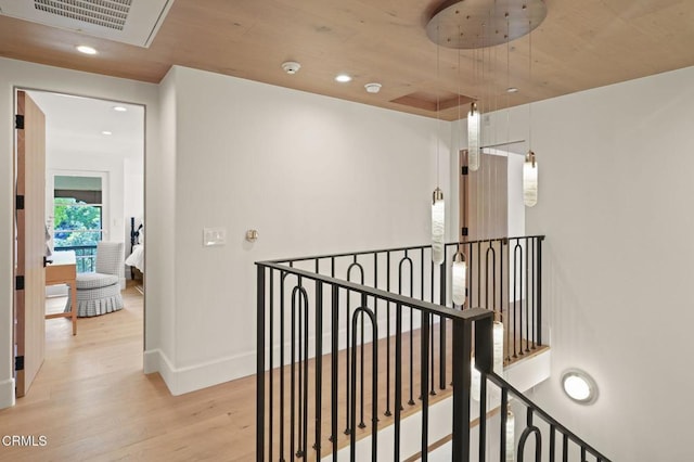 620 S Allen Ave, San Marino, CA 91108 - corridor with an upstairs landing, wood finished floors, recessed lighting, baseboards, and wooden ceiling