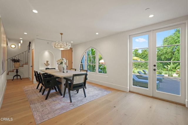 620 S Allen Ave, San Marino, CA 91108 - dining space featuring light wood-style flooring, baseboards, recessed lighting, stairway, and a chandelier