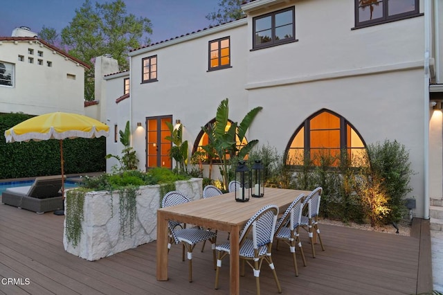 620 S Allen Ave, San Marino, CA 91108 - rear view of property featuring a wooden deck, stucco siding, and outdoor dining area