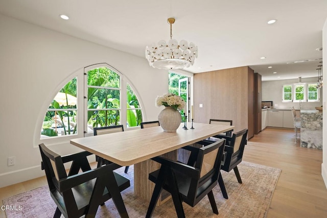 620 S Allen Ave, San Marino, CA 91108 - dining area featuring a chandelier, recessed lighting, light wood-style floors, and baseboards