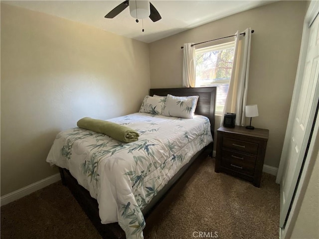 bedroom featuring carpet flooring, baseboards, and a ceiling fan