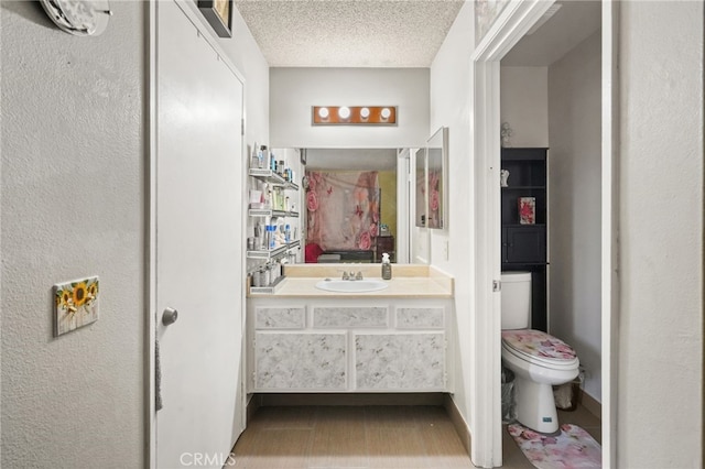 bathroom with toilet, vanity, and a textured ceiling