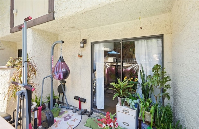 doorway to property with stucco siding